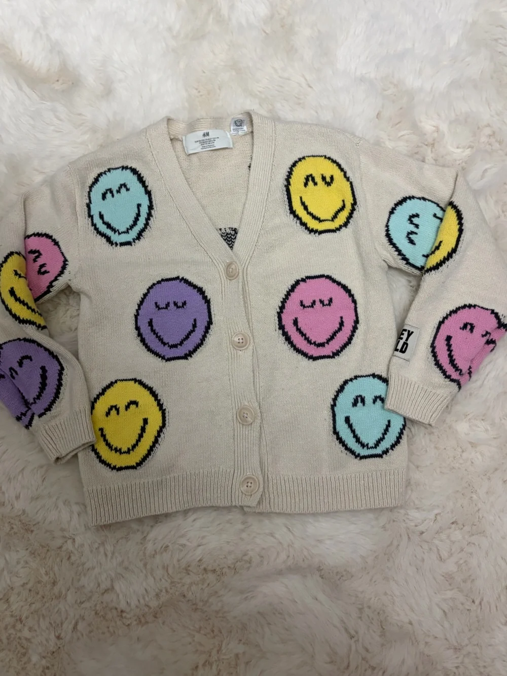 H&M Smiley World Cream Cardigan with Pastel Smiley Faces